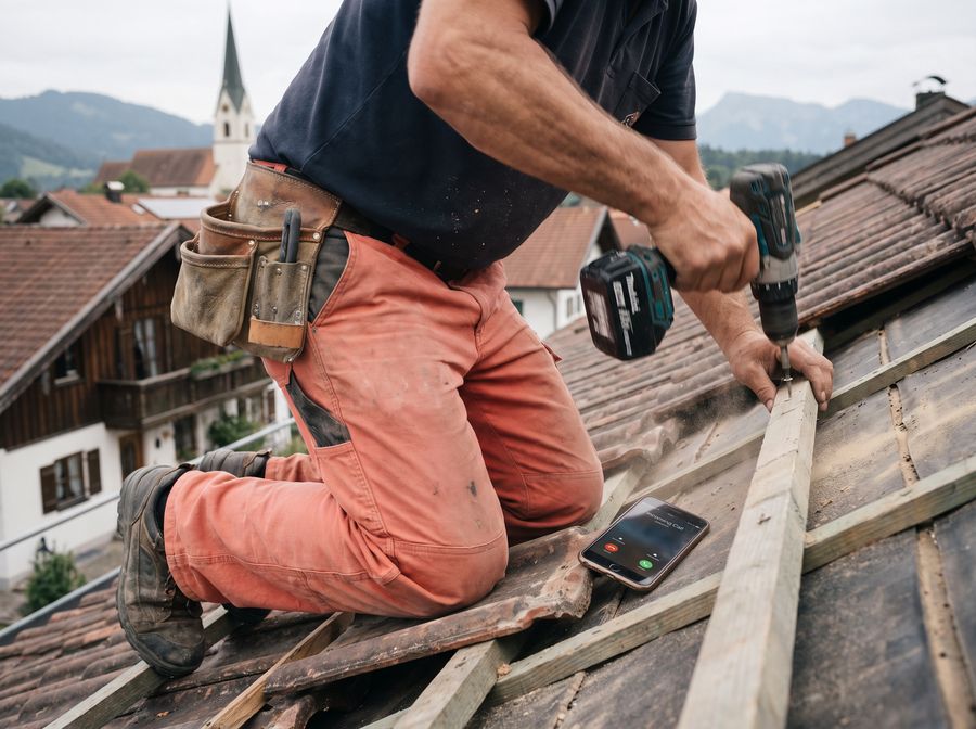 Dachdecker arbeitet mit beiden Händen am Dachstuhl; neben seinem Knie liegt sein Mobiltelefon mit einem eingehenden Anruf.