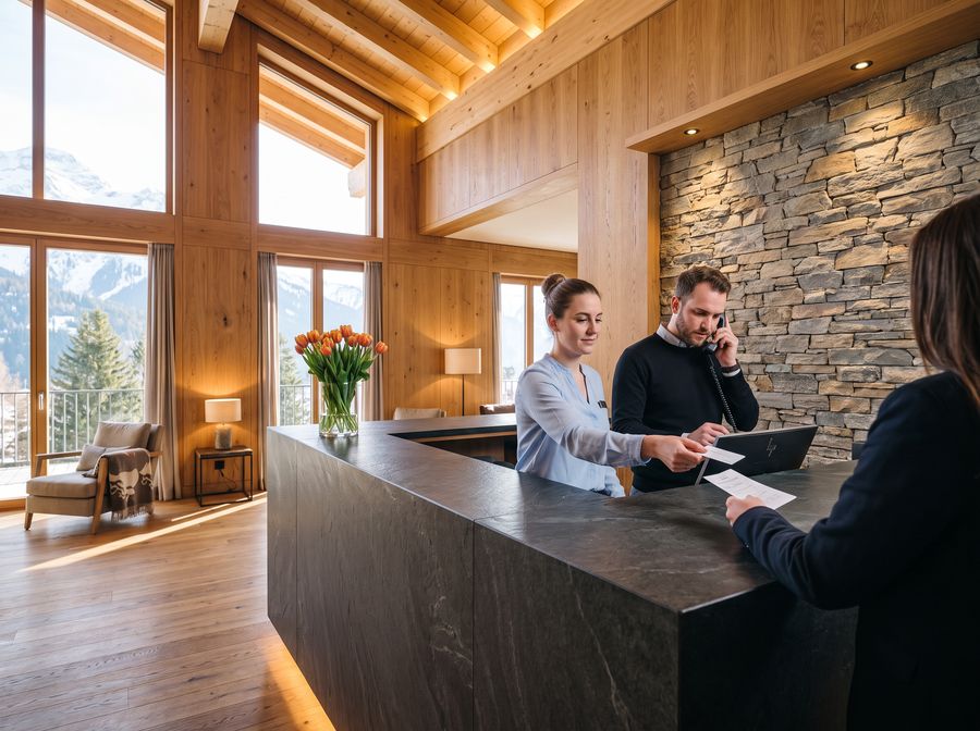 Rezeption eines Hotels: Eine Mitarbeiterin übergibt einem Gast die Zimmerkarte, ihr Kollege daneben telefoniert bereits.
