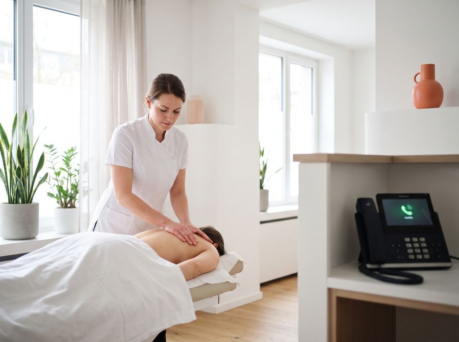 Physiotherapeutin behandelt eine Patientin mit beiden Händen; im Hintergrund steht am unbesetzten Empfang ein Telefon mit eingehendem Anruf.