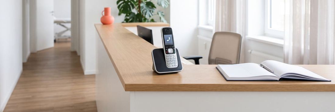 Empfangstresen einer Praxis, auf der Theke ein modernes Telefon mit leuchtendem Display.